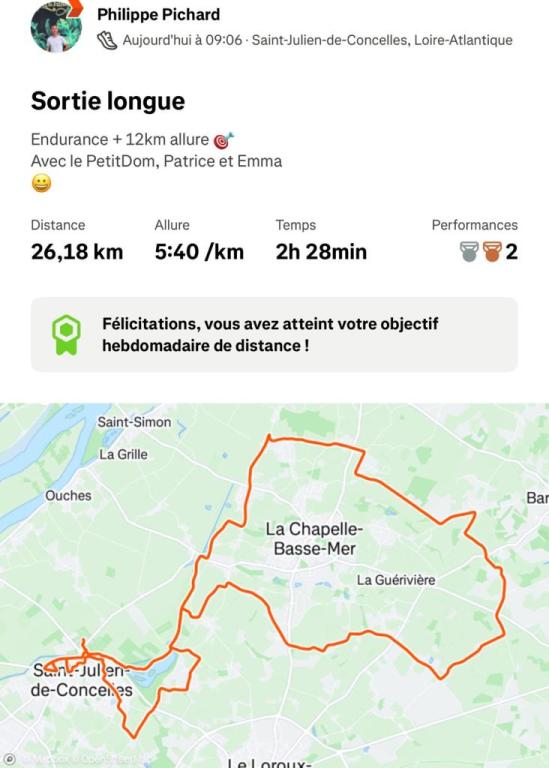 Tracé sortie longue plan marathon du 22 mars 2025