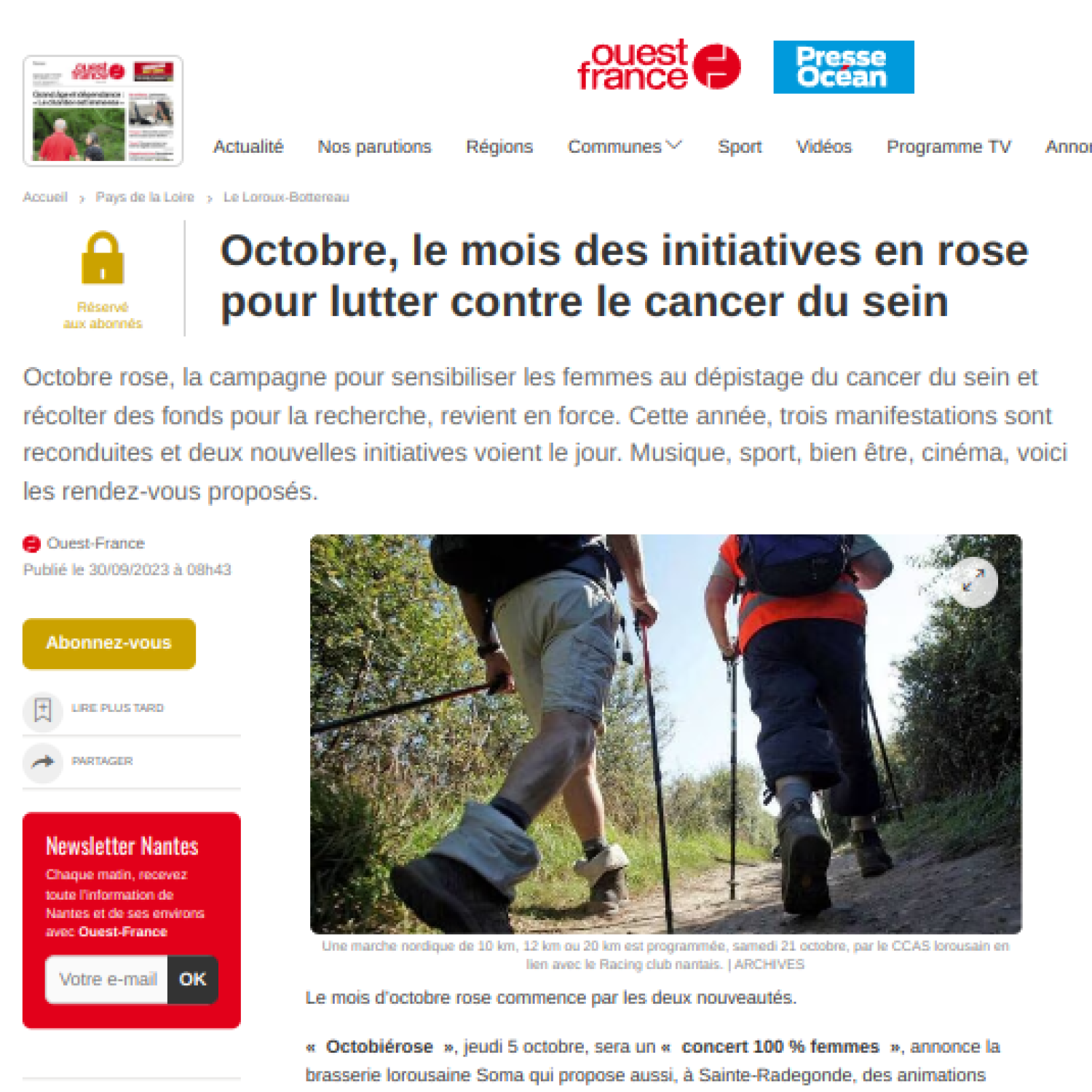 Ouest France 30/09/2023 : Octobre, le mois des initiatives en rose ...