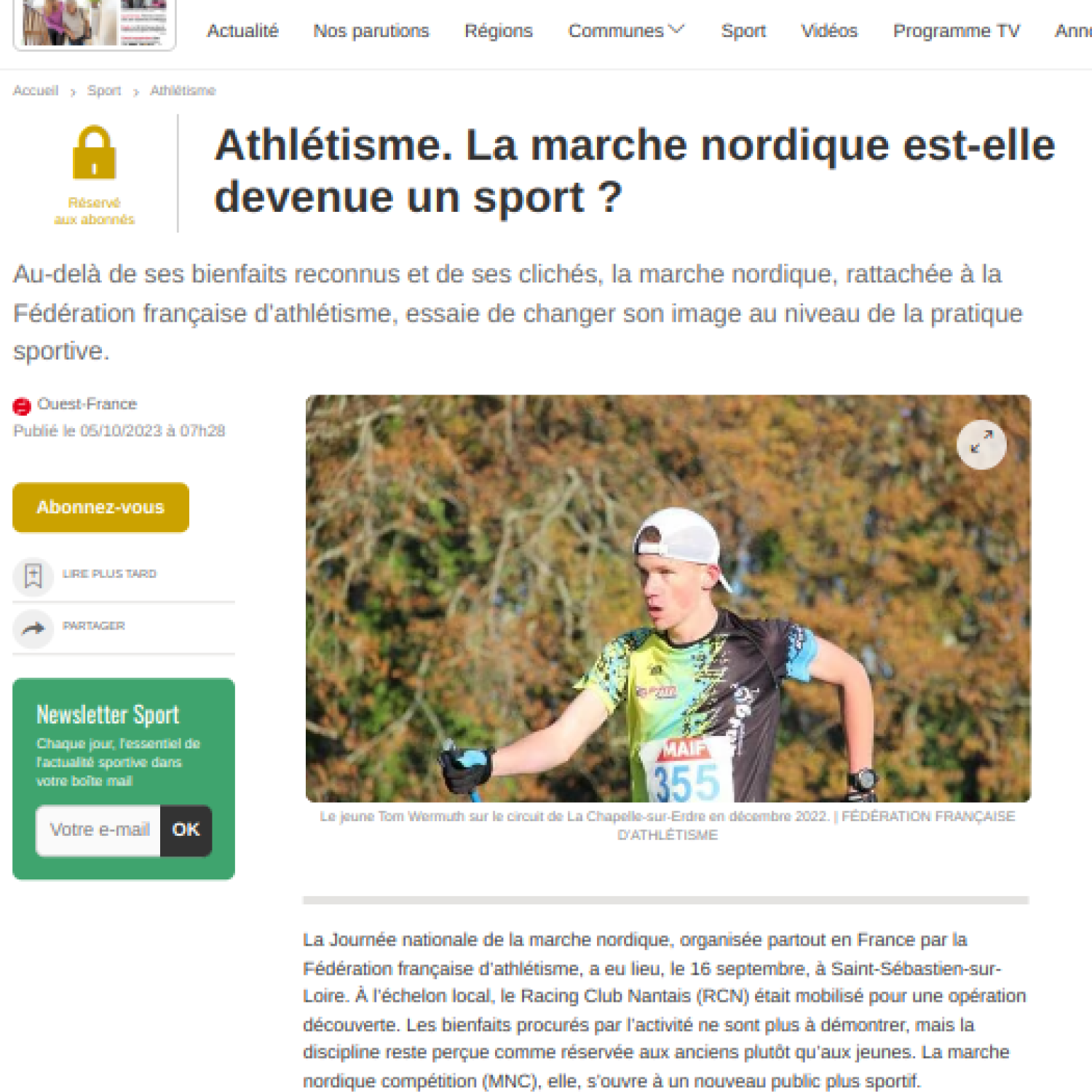 Ouest France 05/10/2023 : Athlétisme. La marche nordique est-elle devenue un sport ?