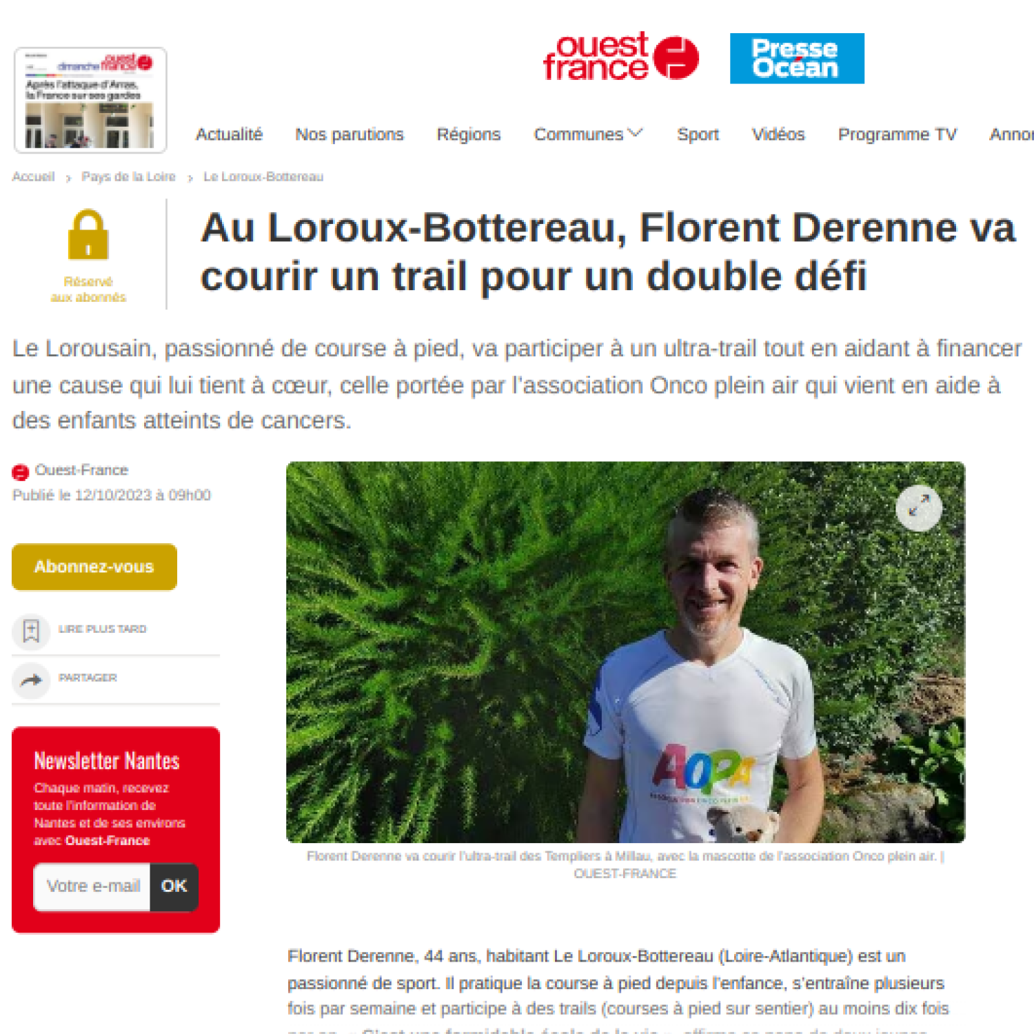 Ouest France 12/10/2023 : Florent Derenne va courir un trail pour un double défi