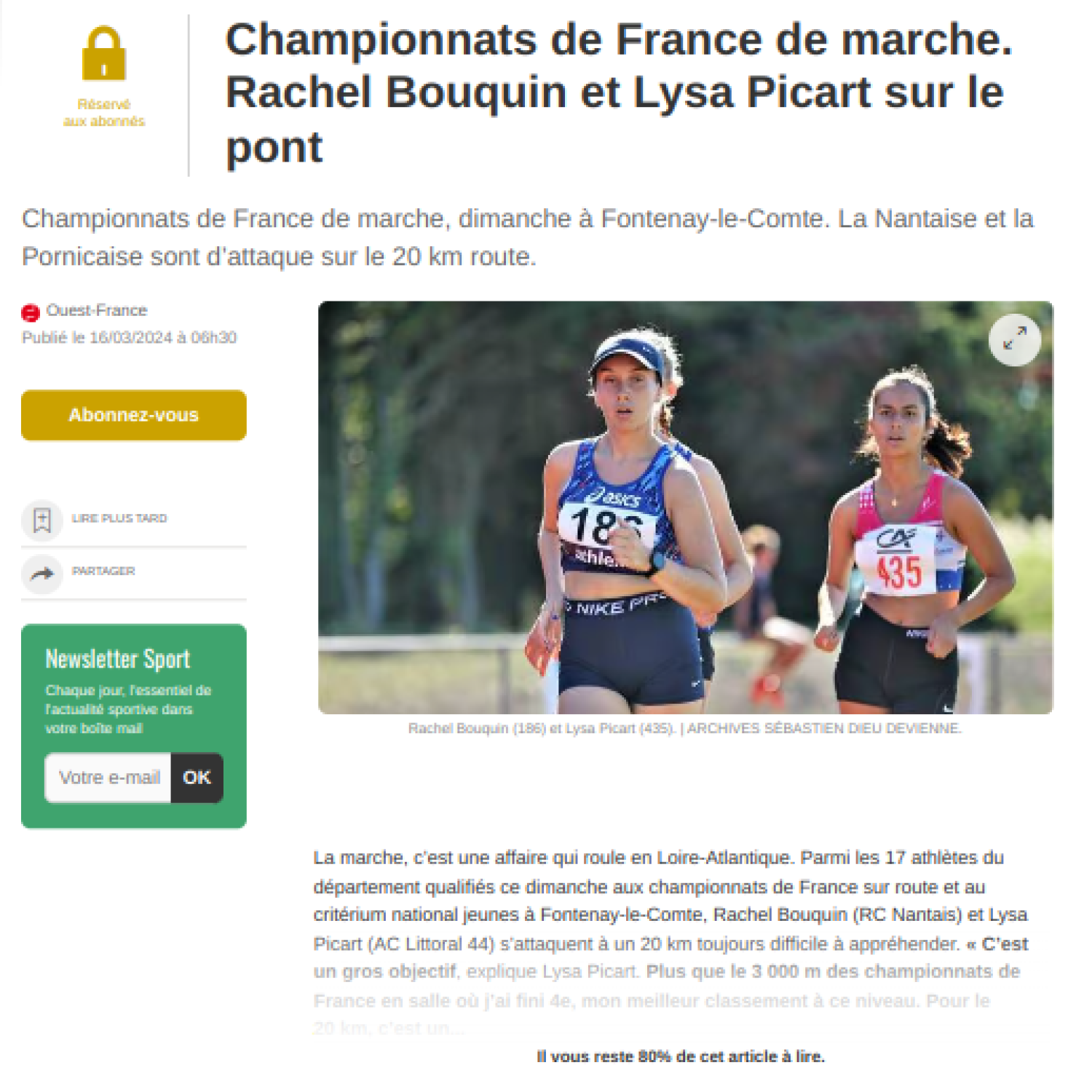 Ouest France 16/03/2024 : Championnats de France de marche. Rachel Bouquin et Lysa Picart sur le pont