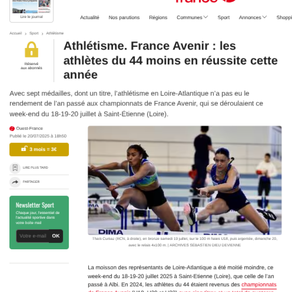 Ouest France 20/07/2025 : France Avenir : les athlètes du 44 moins en réussite cette année
