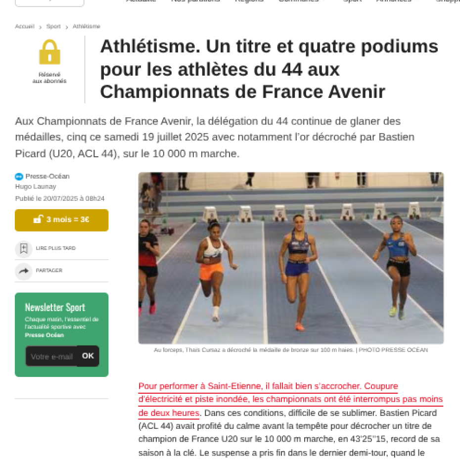 Ouest France 20/07/2025 : Un titre et quatre podiums pour les athlètes du 44 aux Championnats de France Avenir