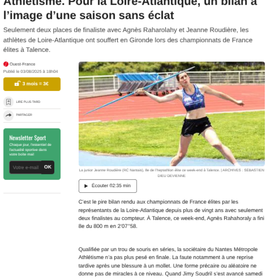 Ouest France 03/08/2025 : Pour la Loire-Atlantique, un bilan à l’image d’une saison sans éclat