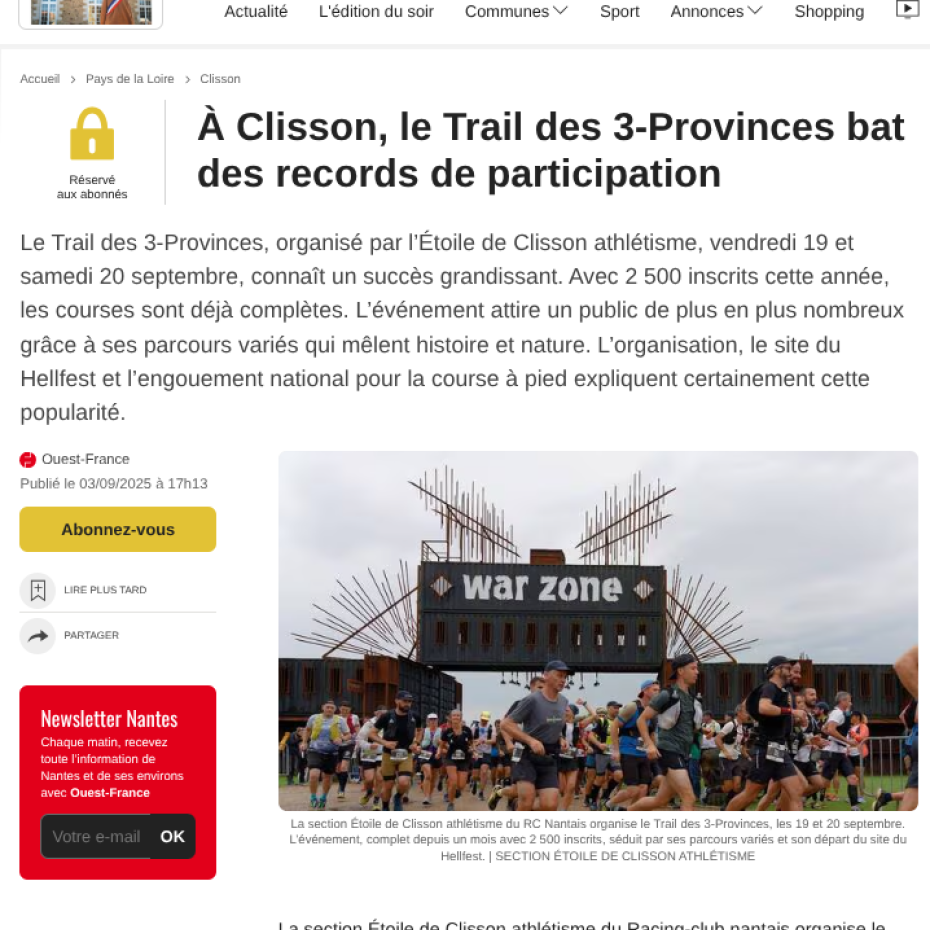 Ouest France 03/09/2025 : À Clisson, le Trail des 3-Provinces bat des records de participation