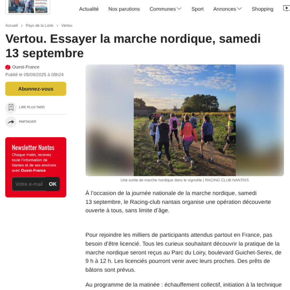 Ouest France 05/09/2025 : Vertou. Essayer la marche nordique, samedi 13 septembre