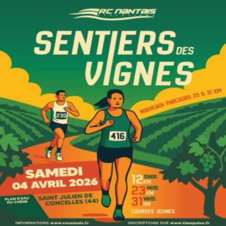 05/04/2026 -  Sentiers des Vignes SAINT-JULIEN-DE-CONCELLES 04/04/2026 -  Ultra-Trail de l'Ile d'Oléron OLERON 04/04/2026 -  Ekiden de l'Estuaire SAINT-NAZAIRE 05/04/2026 -  Trail Urbain 7 D'Honneur CHATEAU-GONTIER 06/04/2026 -  Les Foulées de Villeurbann