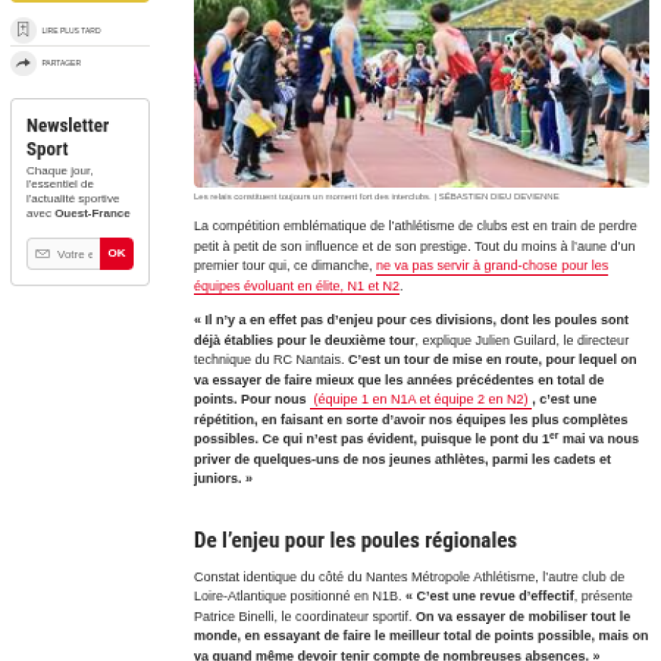 Ouest France 02/05/2026 : « Une répétition » : une revue des forces en présence aux Interclubs