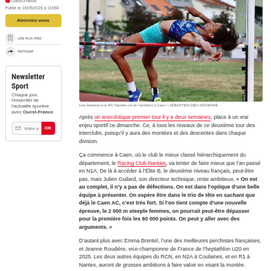 Ouest France 16/05/2026 : Les clubs de Loire-Atlantique tous azimuts au deuxième tour des interclubs