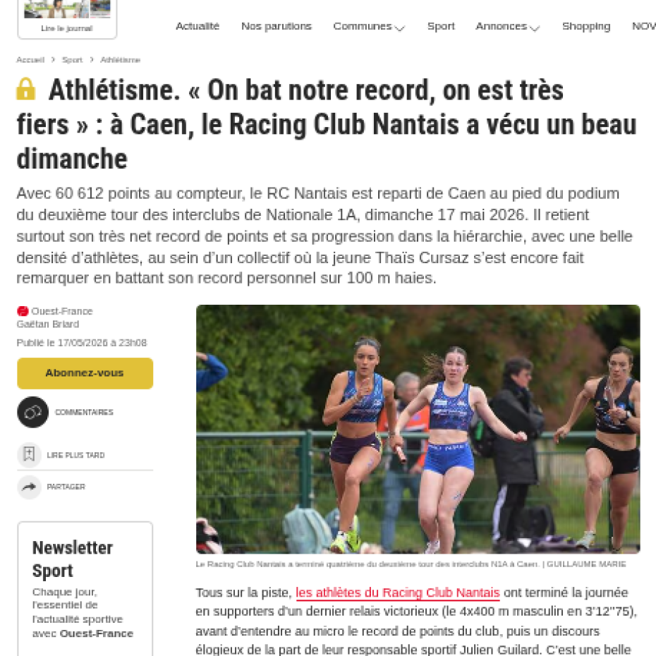 Ouest France 17/05/2026 : « On bat notre record, on est très fiers » : à Caen, le Racing Club Nantais a vécu un beau dimanche