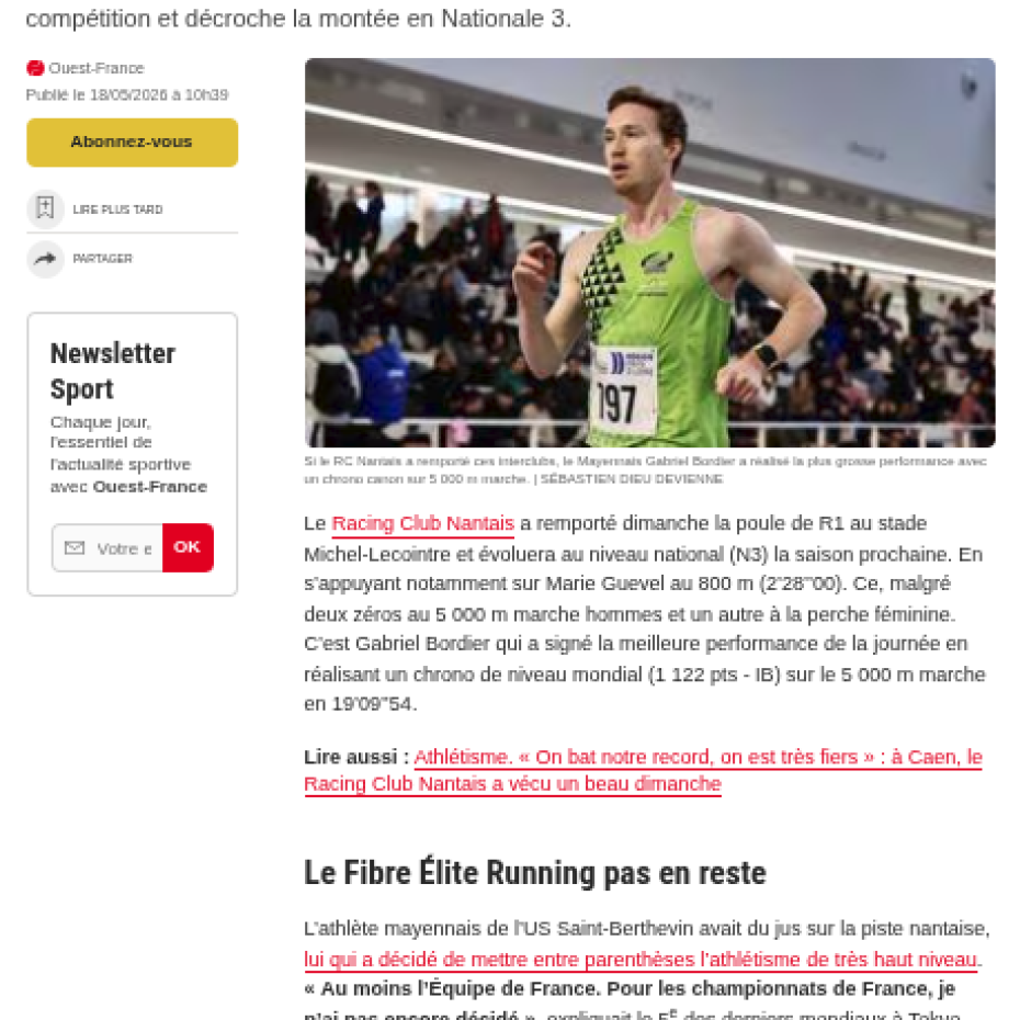 Ouest France 18/05/2026 : Le RC Nantais file en Nationale 3
