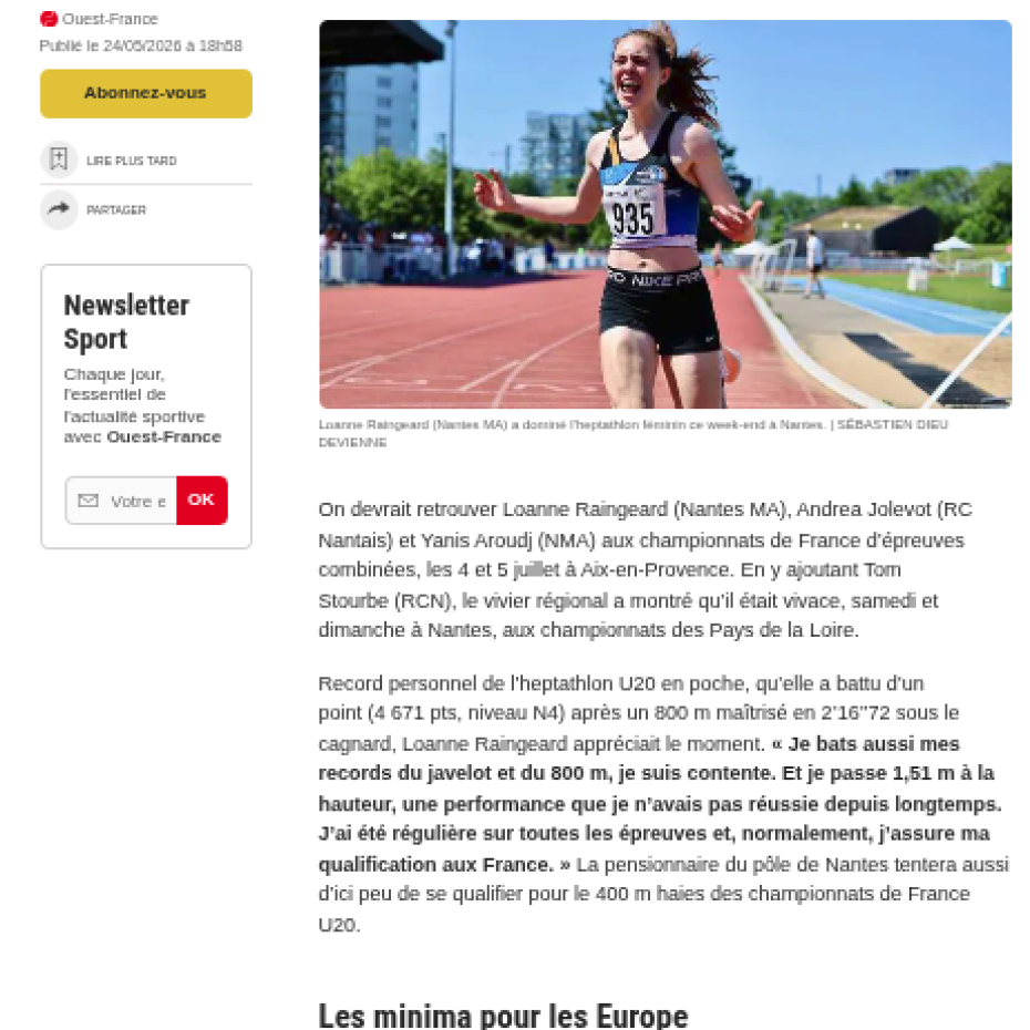 Ouest France 24/05/2026 : Andrea Jolevot et Loanne Raingeard dans le bon tempo à Nantes