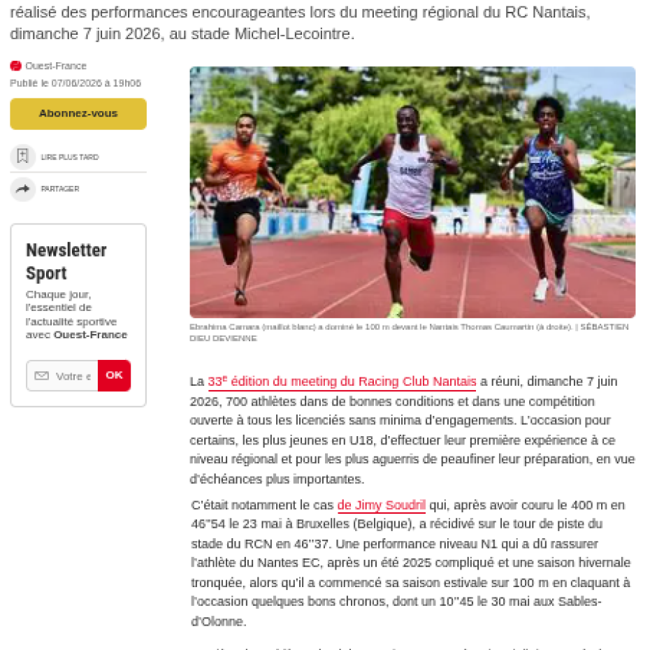 Ouest France 07/06/2026 : Bass et Camara vainqueurs du 100 m, Soudril en forme sur 400 m… Le résumé du meeting du RC Nantais