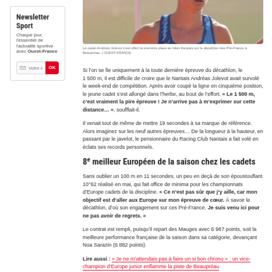 Ouest France 14/06/2026 : Meilleur performeur français chez les cadets, Andréas Jolevot survole le décathlon à Beaupréau