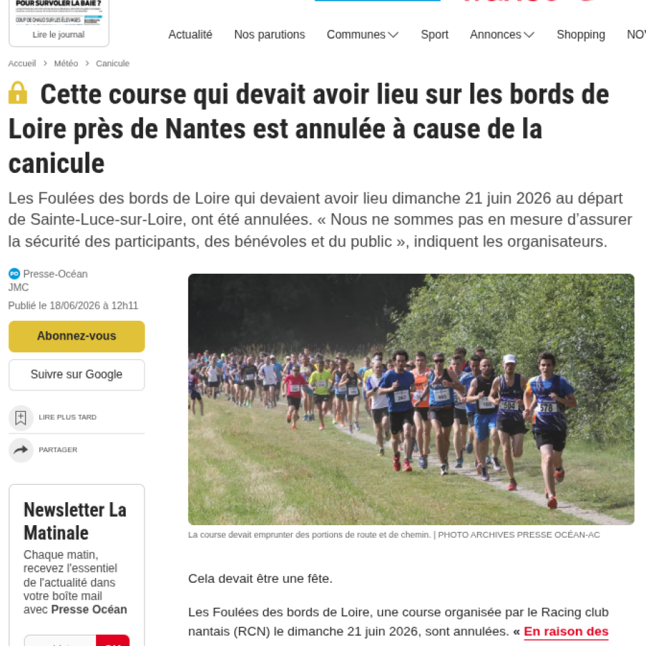 Ouest France 18/06/2026 : Cette course qui devait avoir lieu sur les bords de Loire près de Nantes est annulée à cause de la canicule