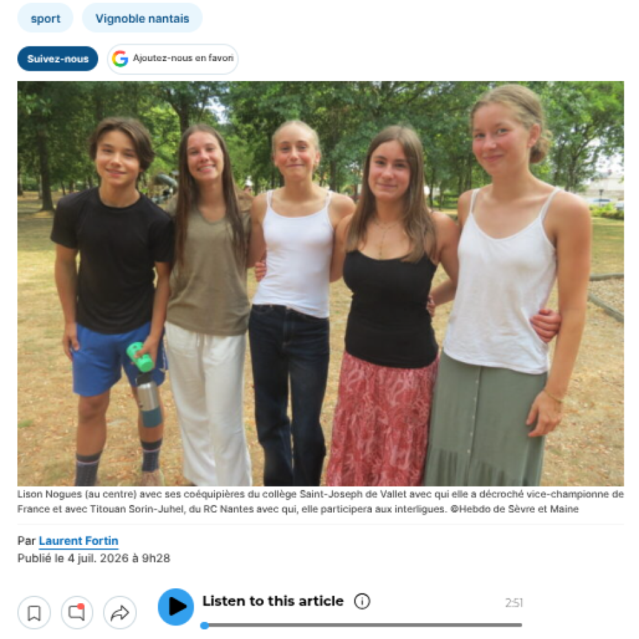 Hebdo de Sèvre & Maine 04/07/2026 : C’est la saison des championnats de France pour cette jeune athlète de Loire-Atlantique